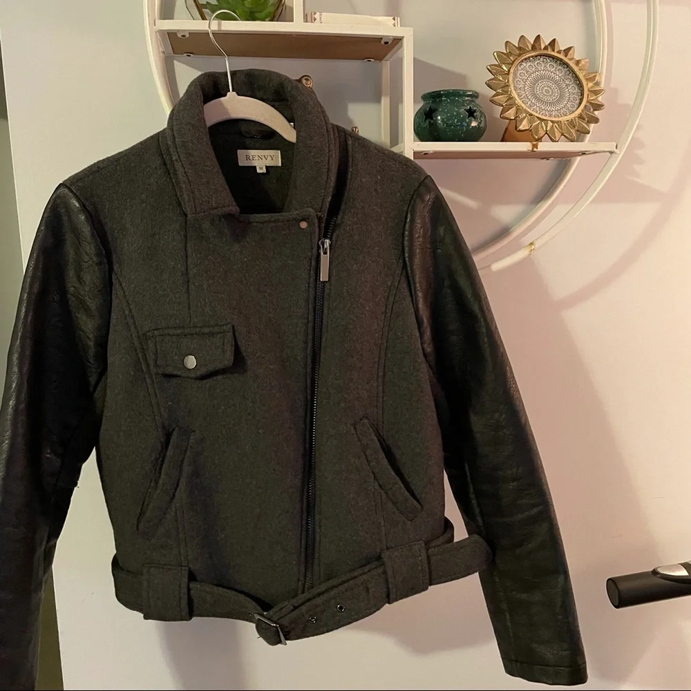 Renvy Bomber Women's Medium M Asymmetrical Lined Belted Gray Black Jacket - Picture 1 of 5